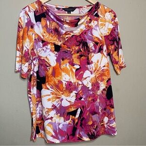 Investments Blouse Women  Size PM Orange Purple Watercolor Art To Wear Workwear